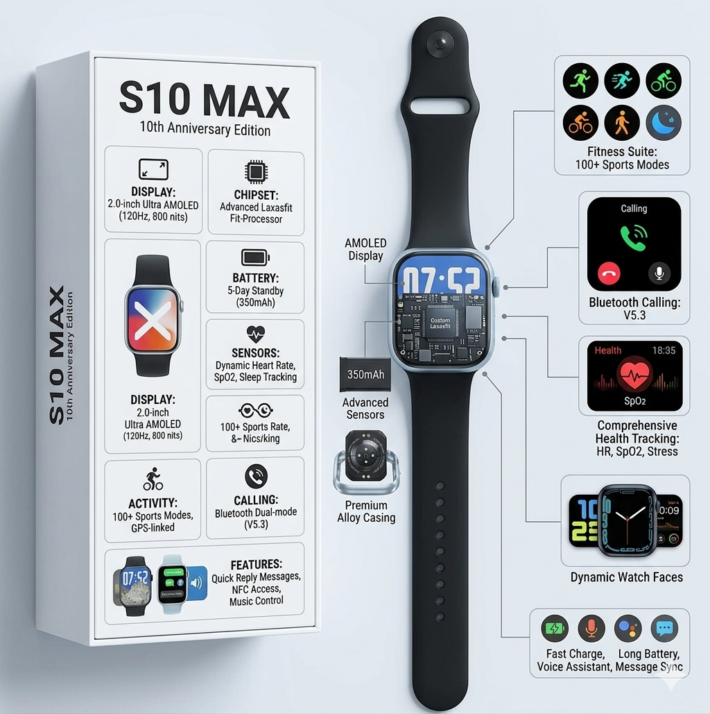Laxasfit S10 Max 10th Anniversary Edition Smart Watch – AMOLED Display